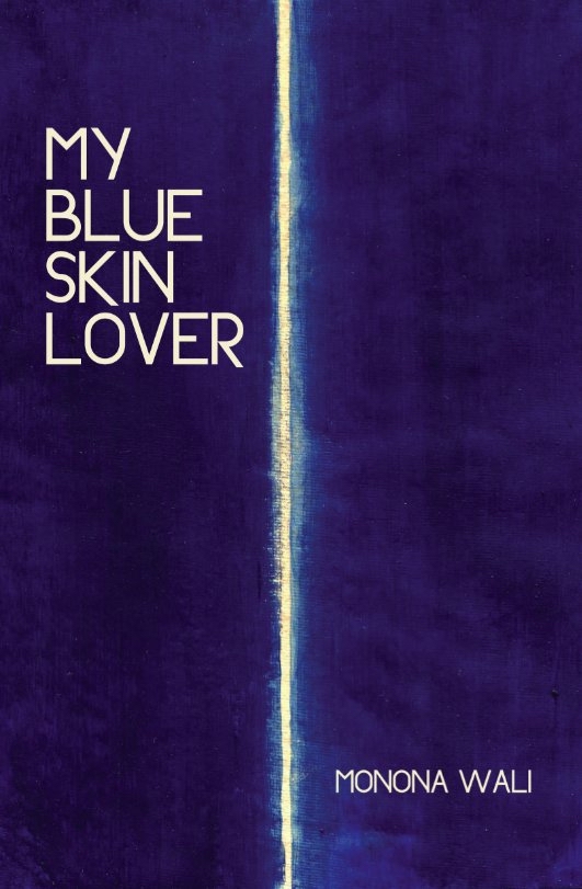 bookcover for My Blue Skin Lover shows blackand blue sides separated in the middle by a white line